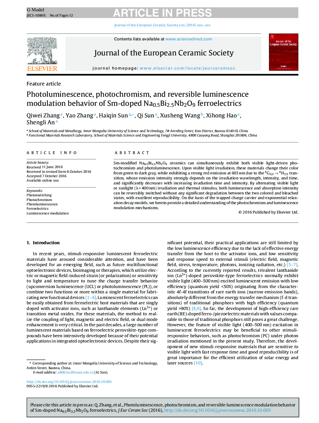 Photoluminescence, photochromism, and reversible luminescence modulation behavior of Sm-doped Na0.5Bi2.5Nb2O9 ferroelectrics