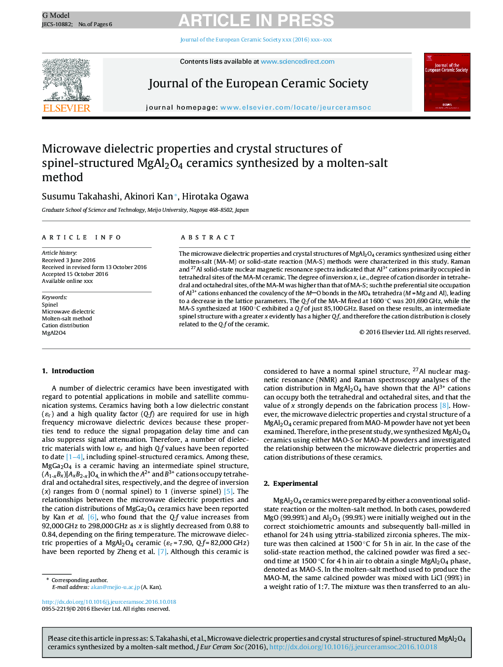 Microwave dielectric properties and crystal structures of spinel-structured MgAl2O4 ceramics synthesized by a molten-salt method