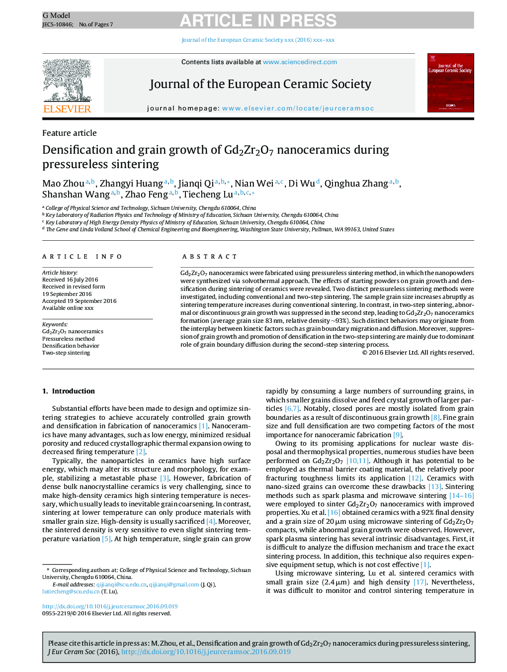 Densification and grain growth of Gd2Zr2O7 nanoceramics during pressureless sintering