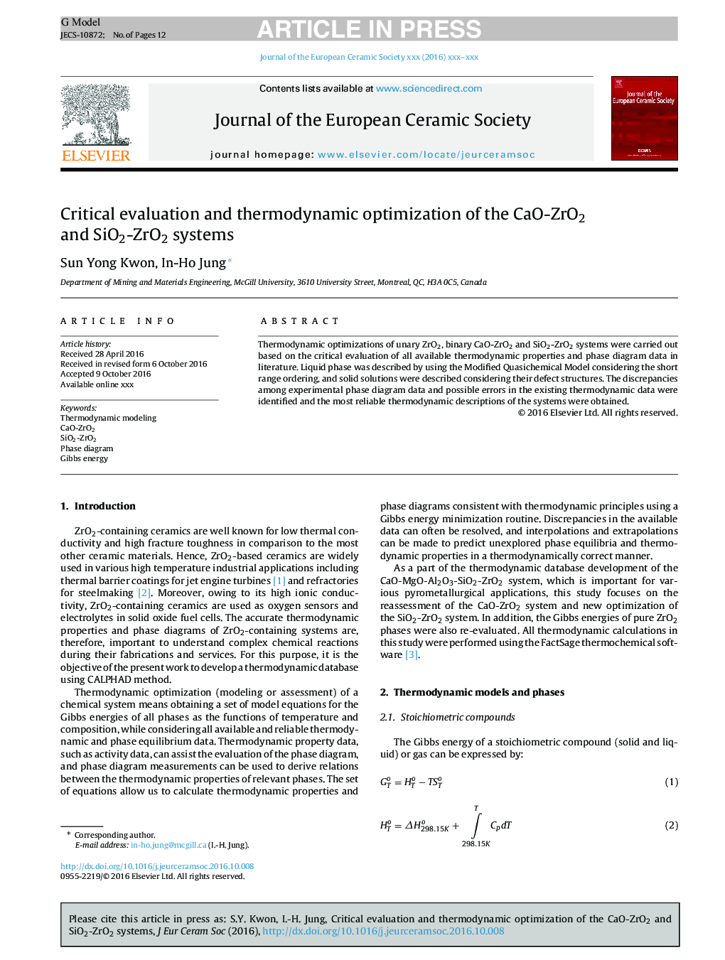 Critical evaluation and thermodynamic optimization of the CaO-ZrO2 and SiO2-ZrO2 systems