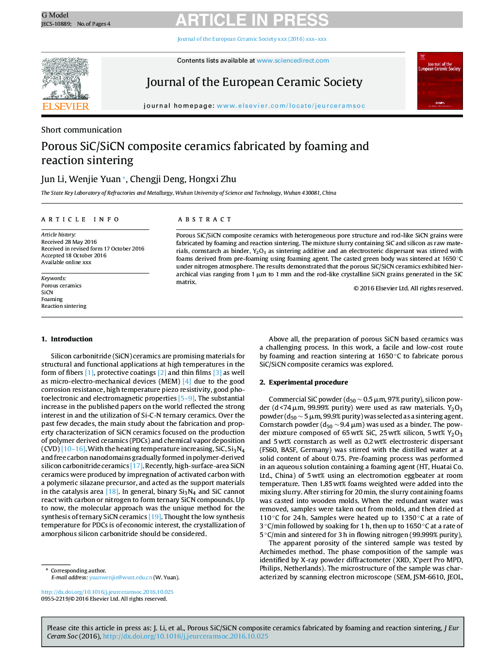 Porous SiC/SiCN composite ceramics fabricated by foaming and reaction sintering