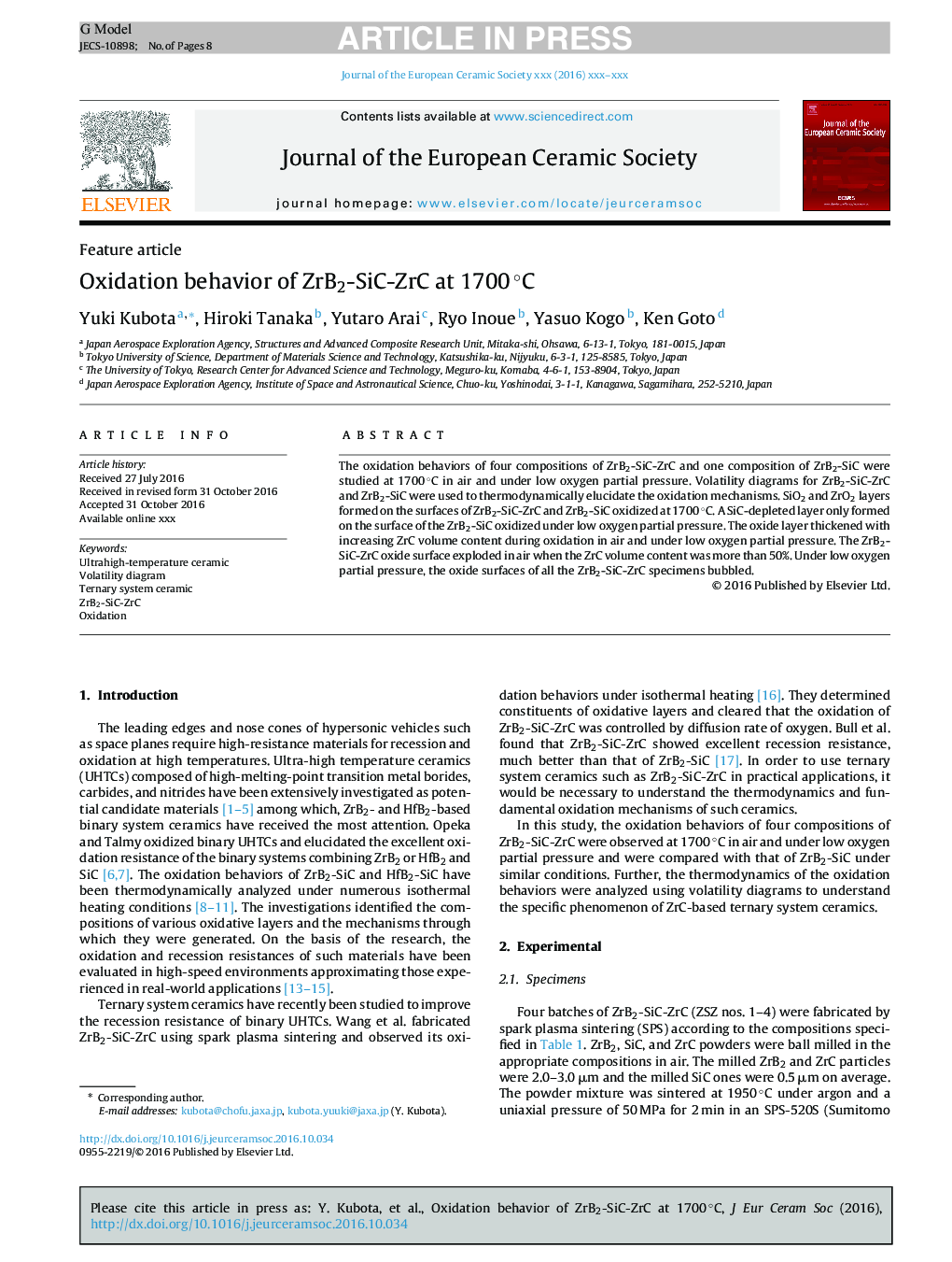 Oxidation behavior of ZrB2-SiC-ZrC at 1700Â Â°C