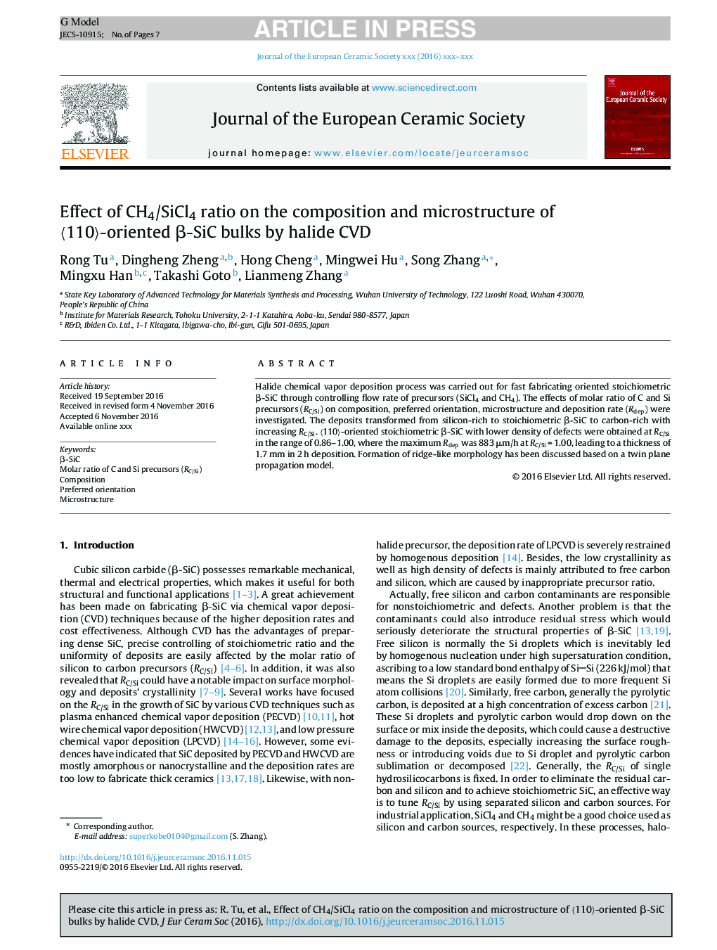 Effect of CH4/SiCl4 ratio on the composition and microstructure of ã110ã-oriented Î²-SiC bulks by halide CVD