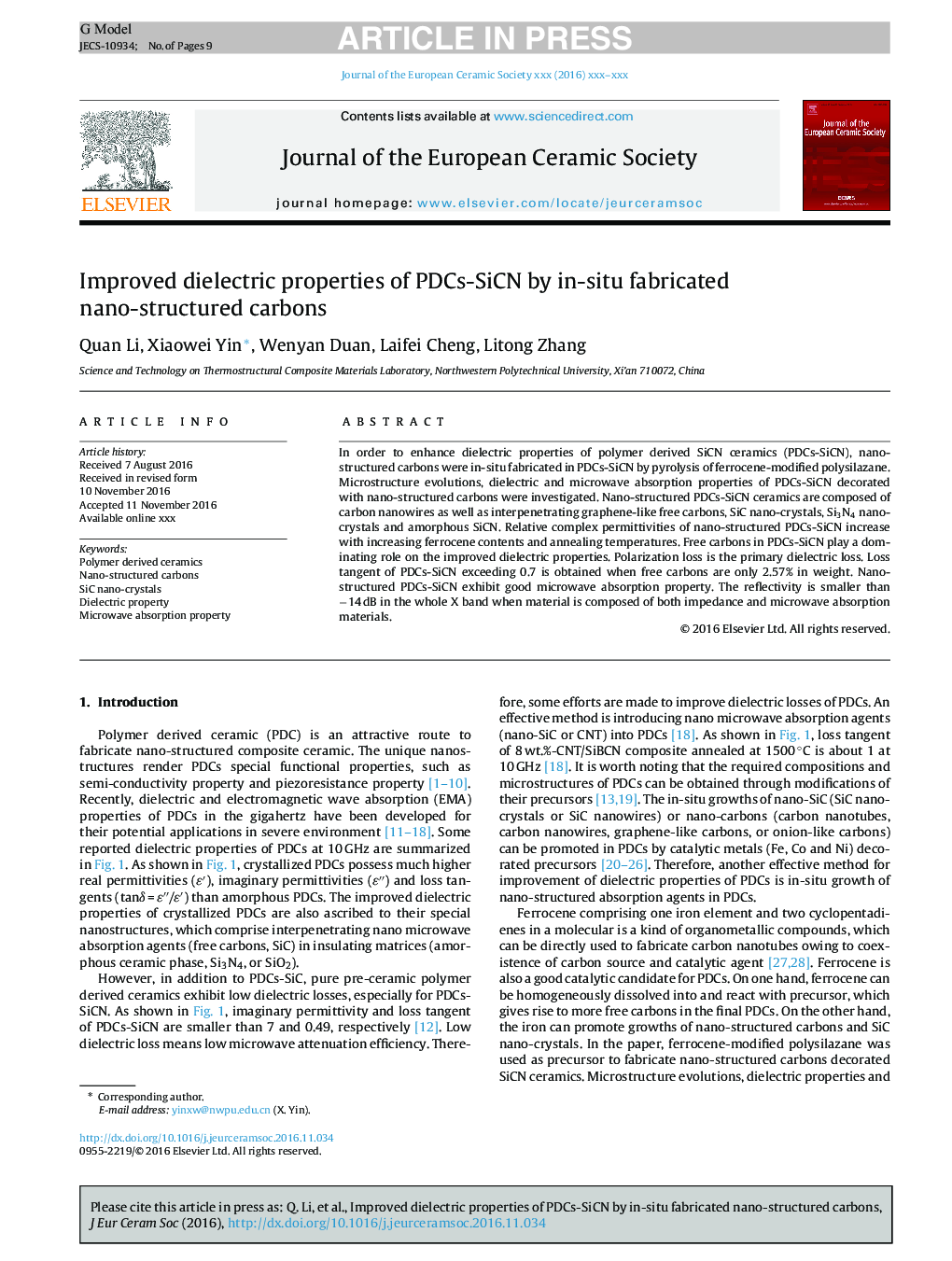 Improved dielectric properties of PDCs-SiCN by in-situ fabricated nano-structured carbons