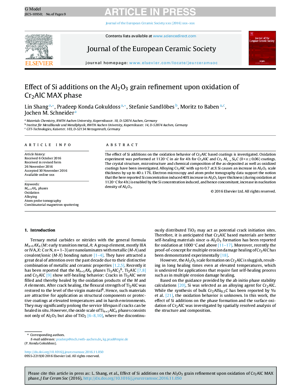 Effect of Si additions on the Al2O3 grain refinement upon oxidation of Cr2AlC MAX phase