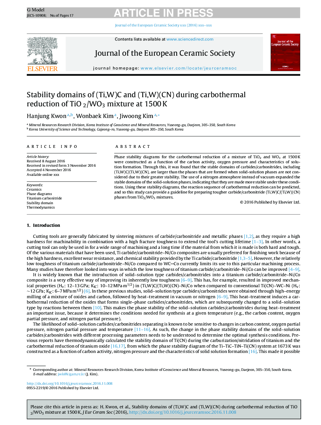 Stability domains of (Ti,W)C and (Ti,W)(CN) during carbothermal reduction of TiO 2/WO3 mixture at 1500Â K