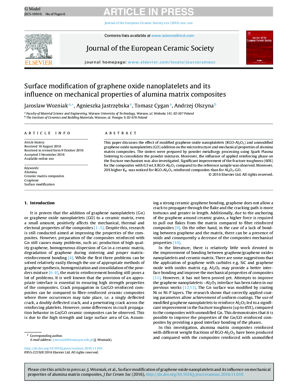 Surface modification of graphene oxide nanoplatelets and its influence on mechanical properties of alumina matrix composites