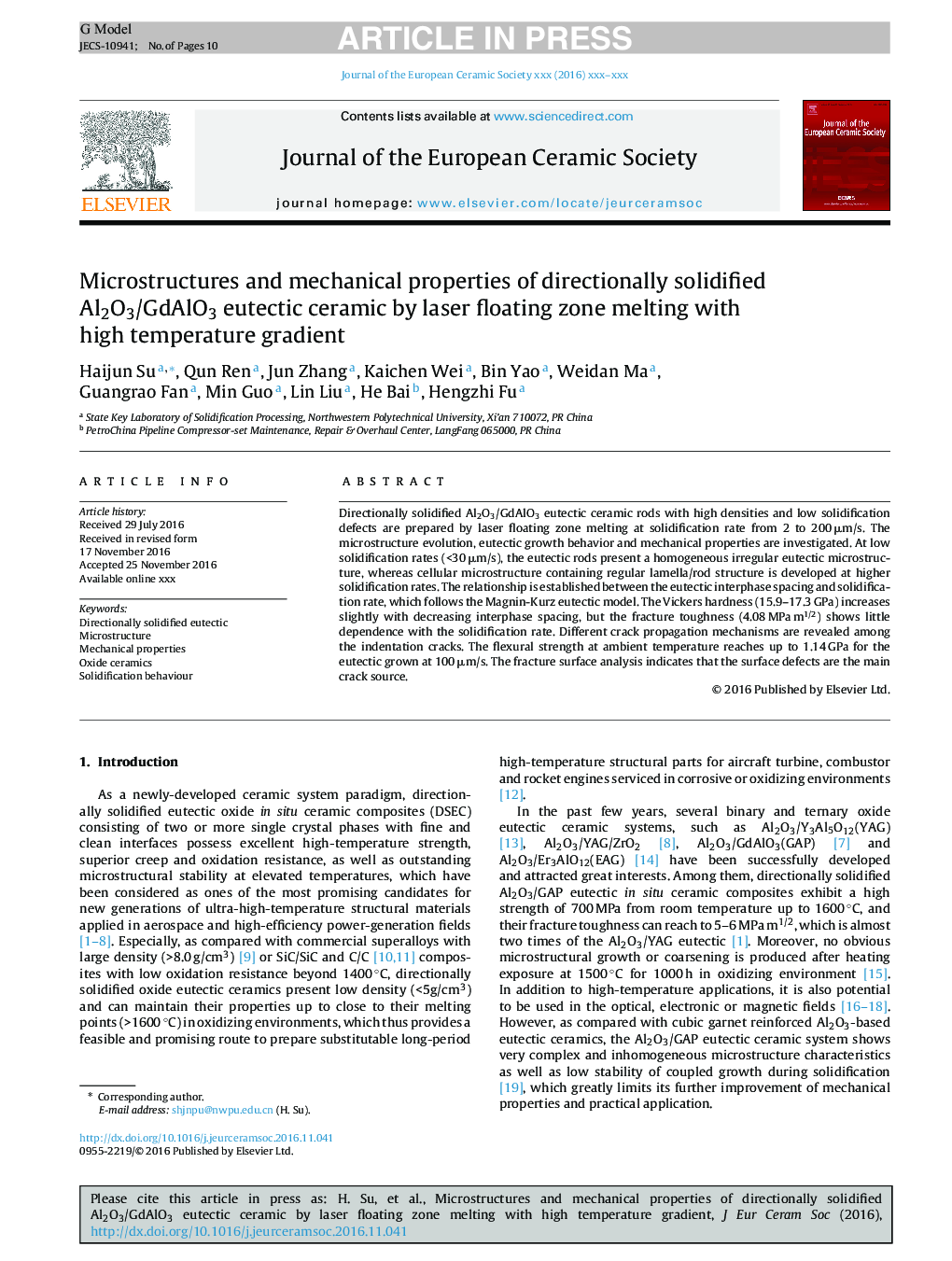 Microstructures and mechanical properties of directionally solidified Al2O3/GdAlO3 eutectic ceramic by laser floating zone melting with high temperature gradient