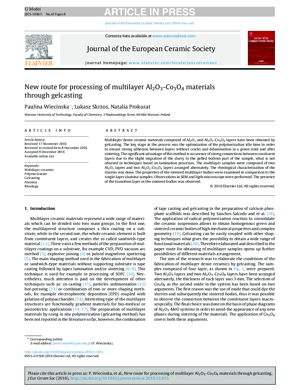 New route for processing of multilayer Al2O3-Co3O4 materials through gelcasting