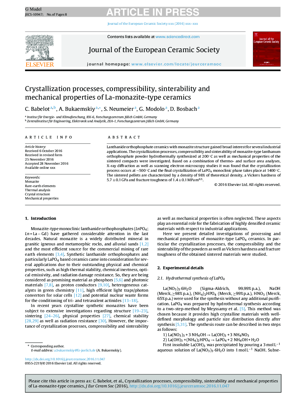 Crystallization processes, compressibility, sinterability and mechanical properties of La-monazite-type ceramics