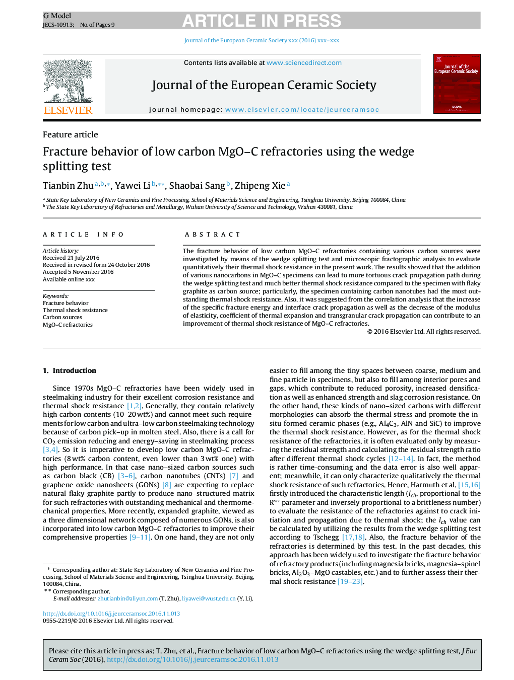 Fracture behavior of low carbon MgO-C refractories using the wedge splitting test