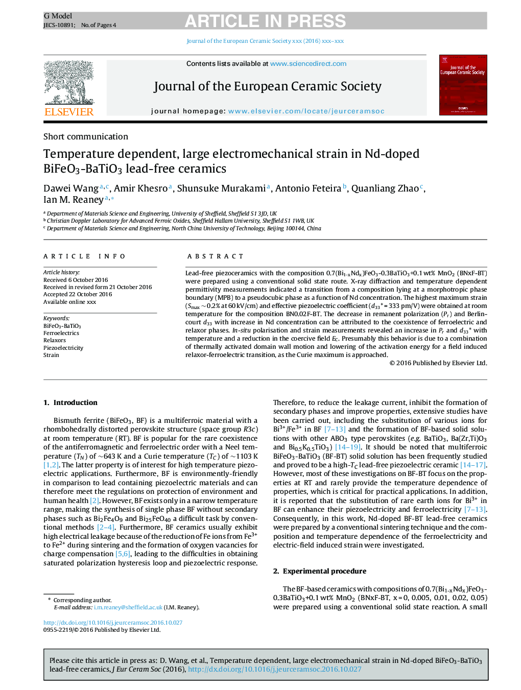 Temperature dependent, large electromechanical strain in Nd-doped BiFeO3-BaTiO3 lead-free ceramics