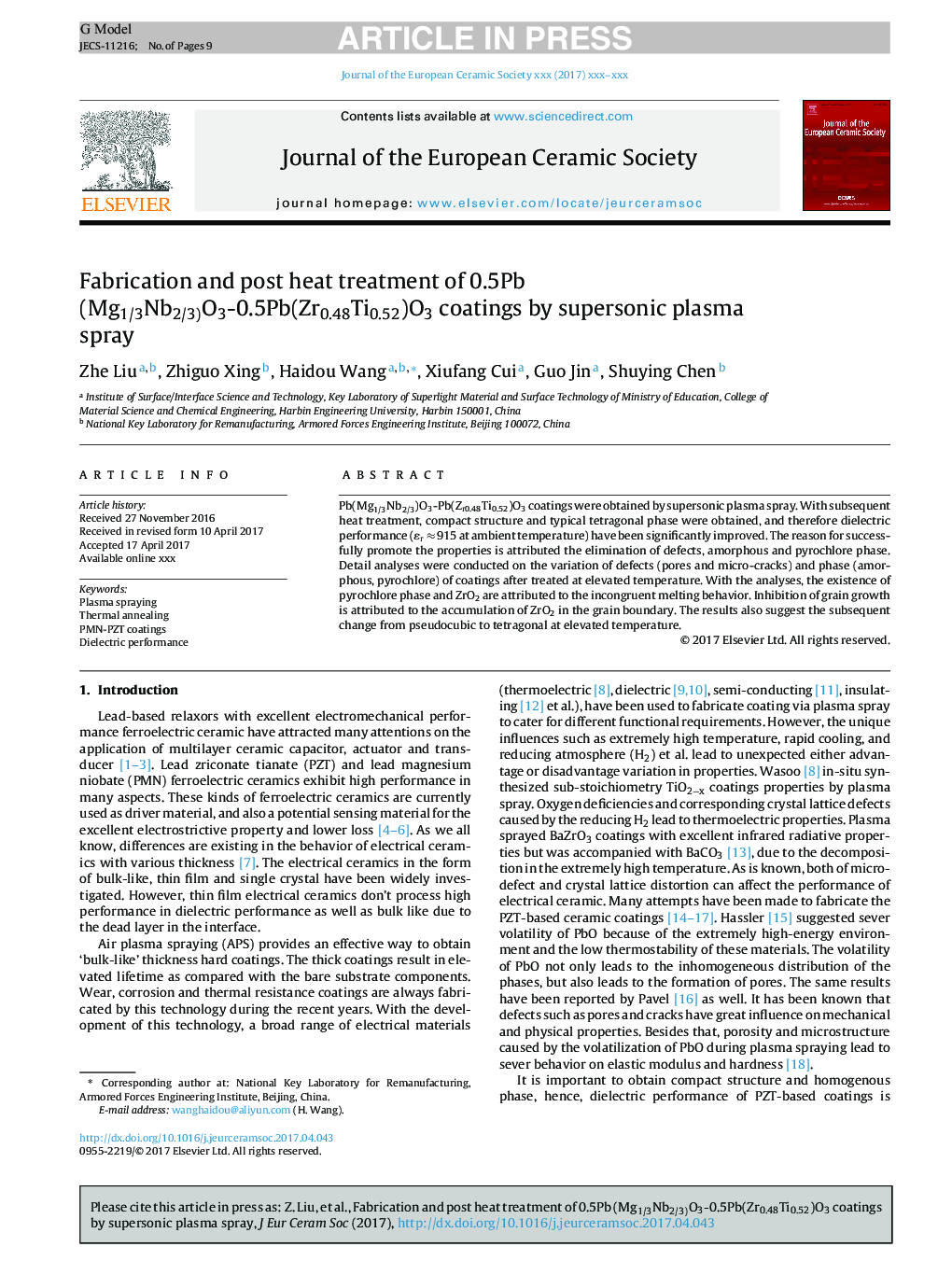 Fabrication and post heat treatment of 0.5Pb (Mg1/3Nb2/3)O3-0.5Pb(Zr0.48Ti0.52)O3 coatings by supersonic plasma spray