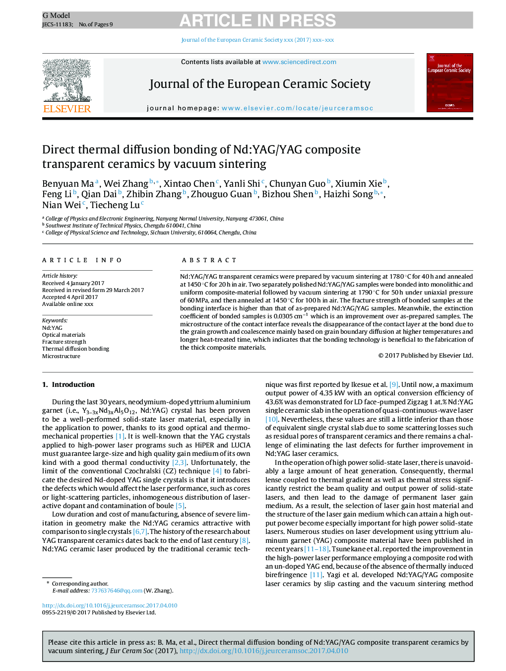 عکس صفحه اول مقاله: Direct thermal diffusion bonding of Nd:YAG/YAG composite transparent ceramics by vacuum sintering Direct thermal diffusion bonding of Nd:YAG/YAG composite transparent ceramics by vacuum sintering