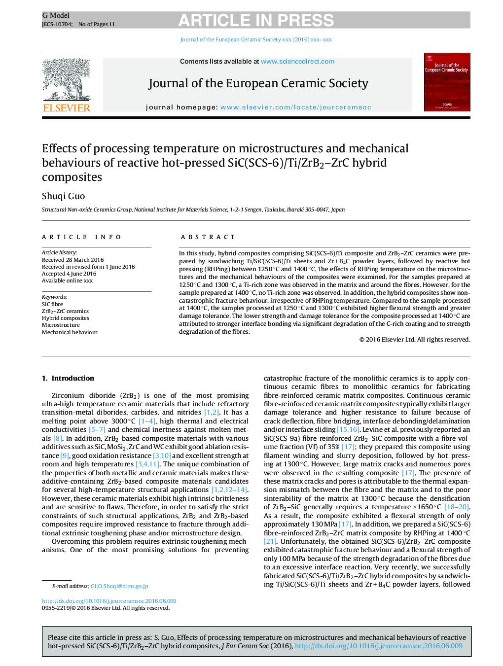 Effects of processing temperature on microstructures and mechanical behaviours of reactive hot-pressed SiC(SCS-6)/Ti/ZrB2-ZrC hybrid composites