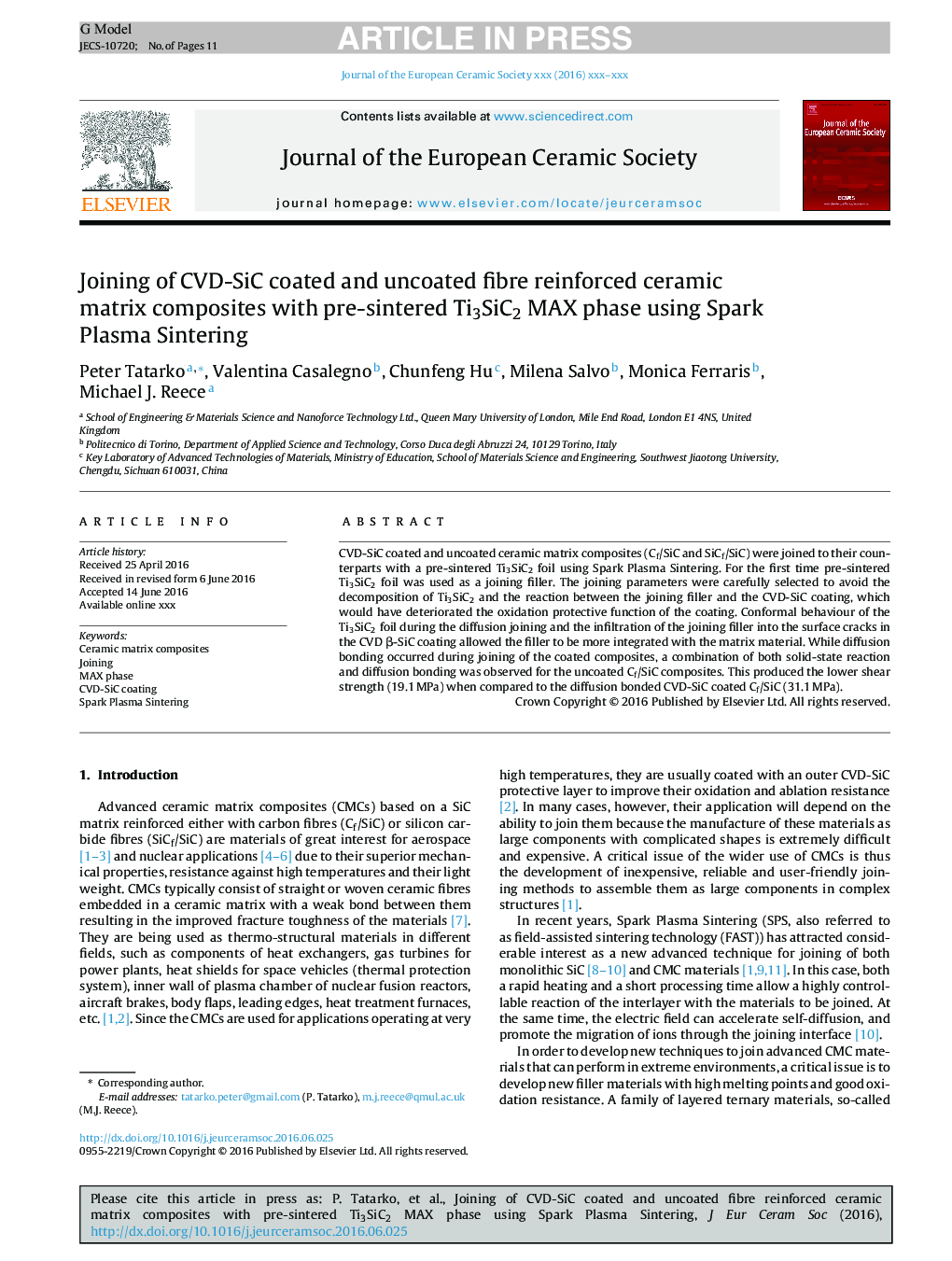 Joining of CVD-SiC coated and uncoated fibre reinforced ceramic matrix composites with pre-sintered Ti3SiC2 MAX phase using Spark Plasma Sintering