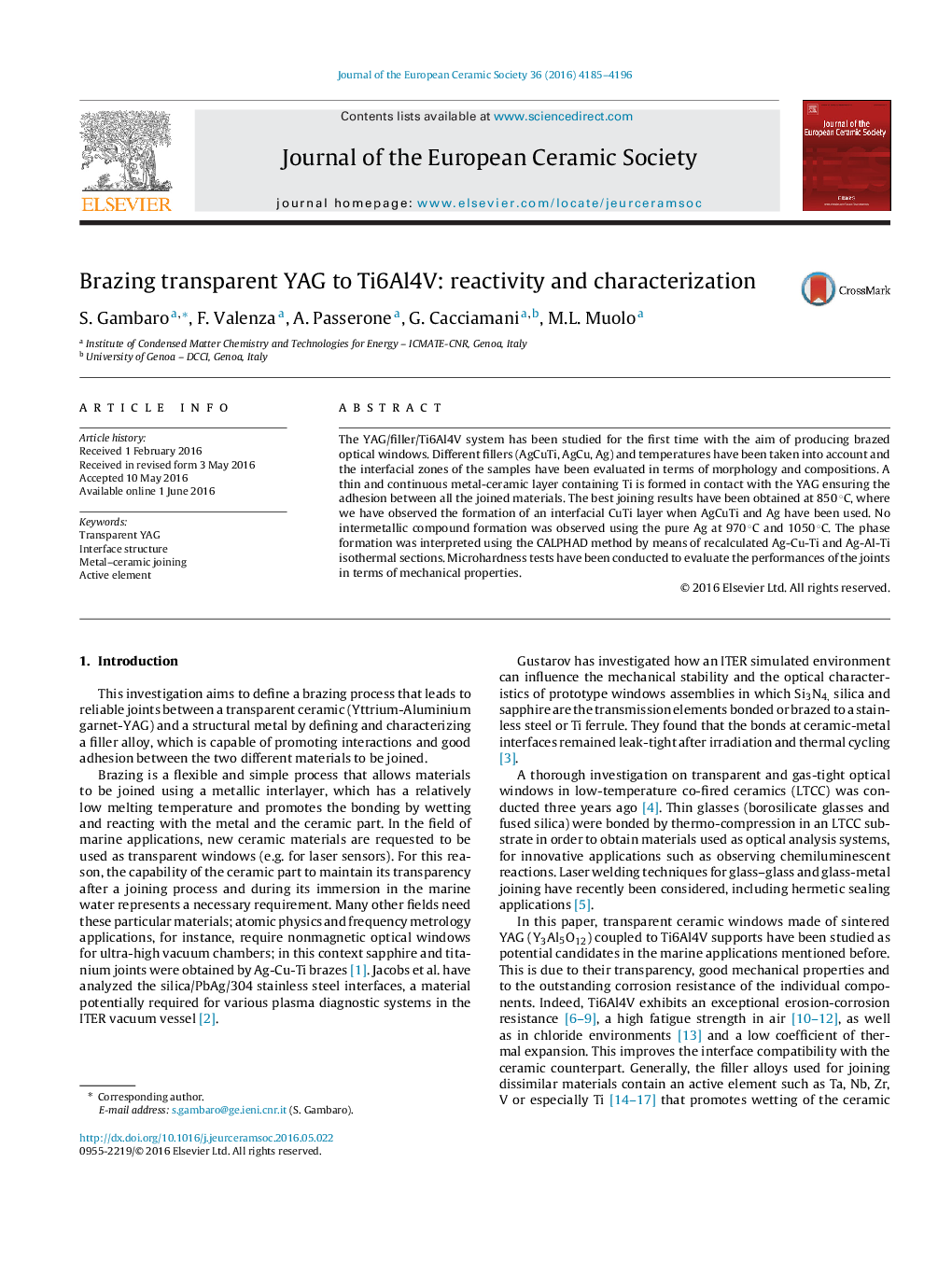 Brazing transparent YAG to Ti6Al4V: reactivity and characterization