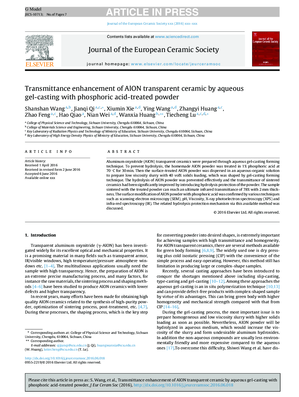 Transmittance enhancement of AlON transparent ceramic by aqueous gel-casting with phosphoric acid-treated powder