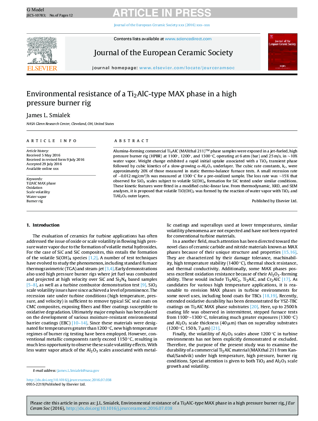 Environmental resistance of a Ti2AlC-type MAX phase in a high pressure burner rig