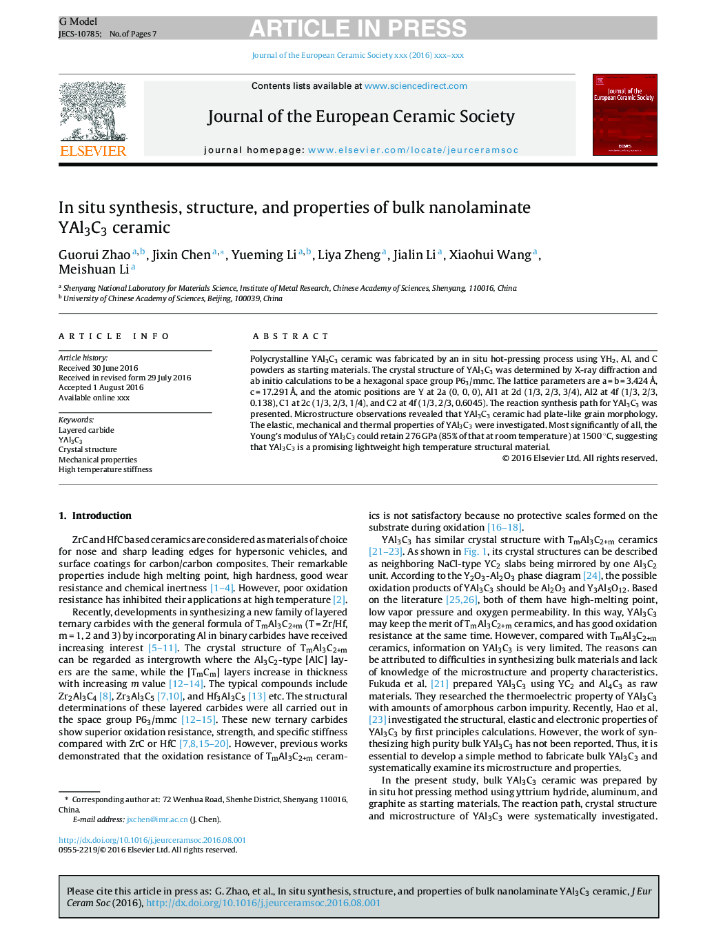 In situ synthesis, structure, and properties of bulk nanolaminate YAl3C3 ceramic