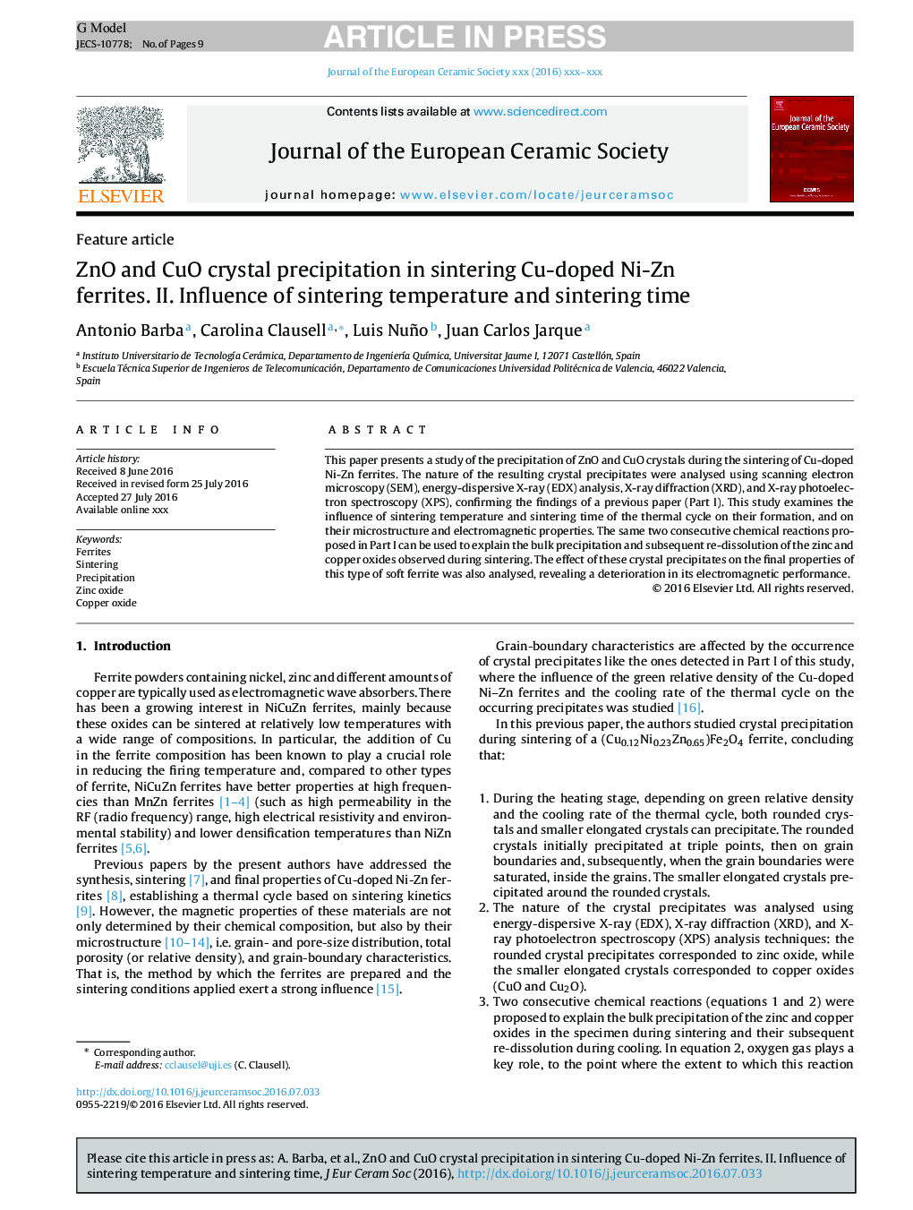 ZnO and CuO crystal precipitation in sintering Cu-doped Ni-Zn ferrites. II. Influence of sintering temperature and sintering time