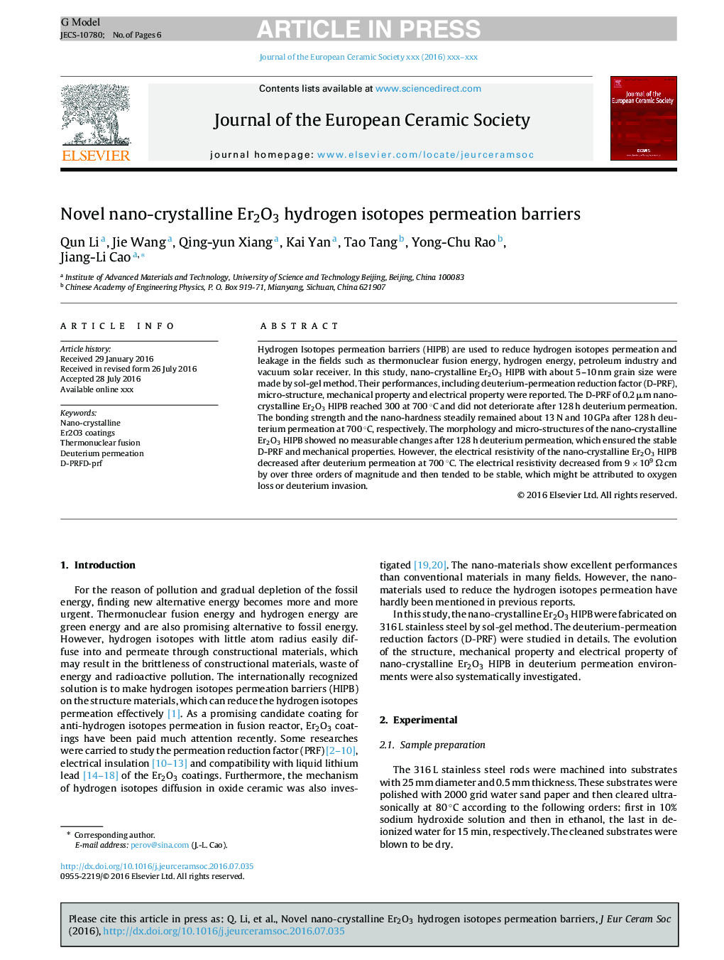 Novel nano-crystalline Er2O3 hydrogen isotopes permeation barriers