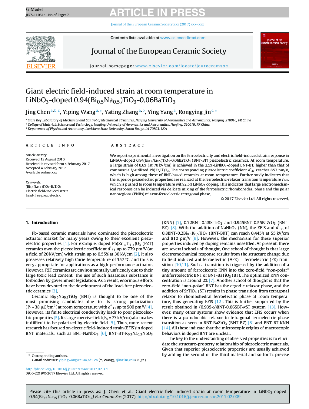 Giant electric field-induced strain at room temperature in LiNbO3-doped 0.94(Bi0.5Na0.5)TiO3-0.06BaTiO3