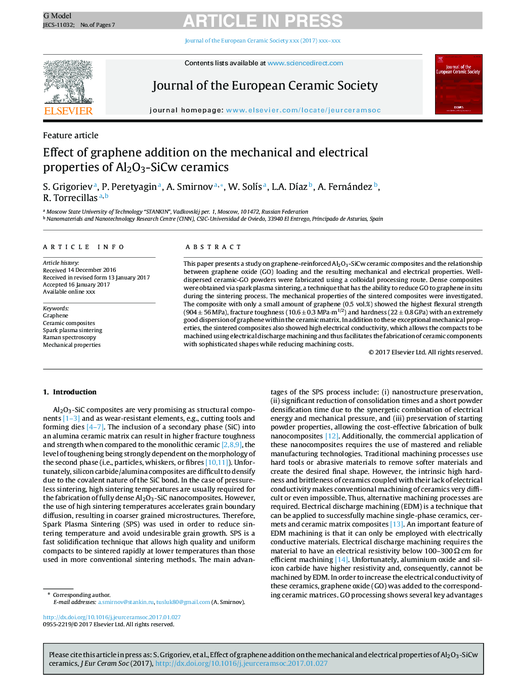 Effect of graphene addition on the mechanical and electrical properties of Al2O3-SiCw ceramics