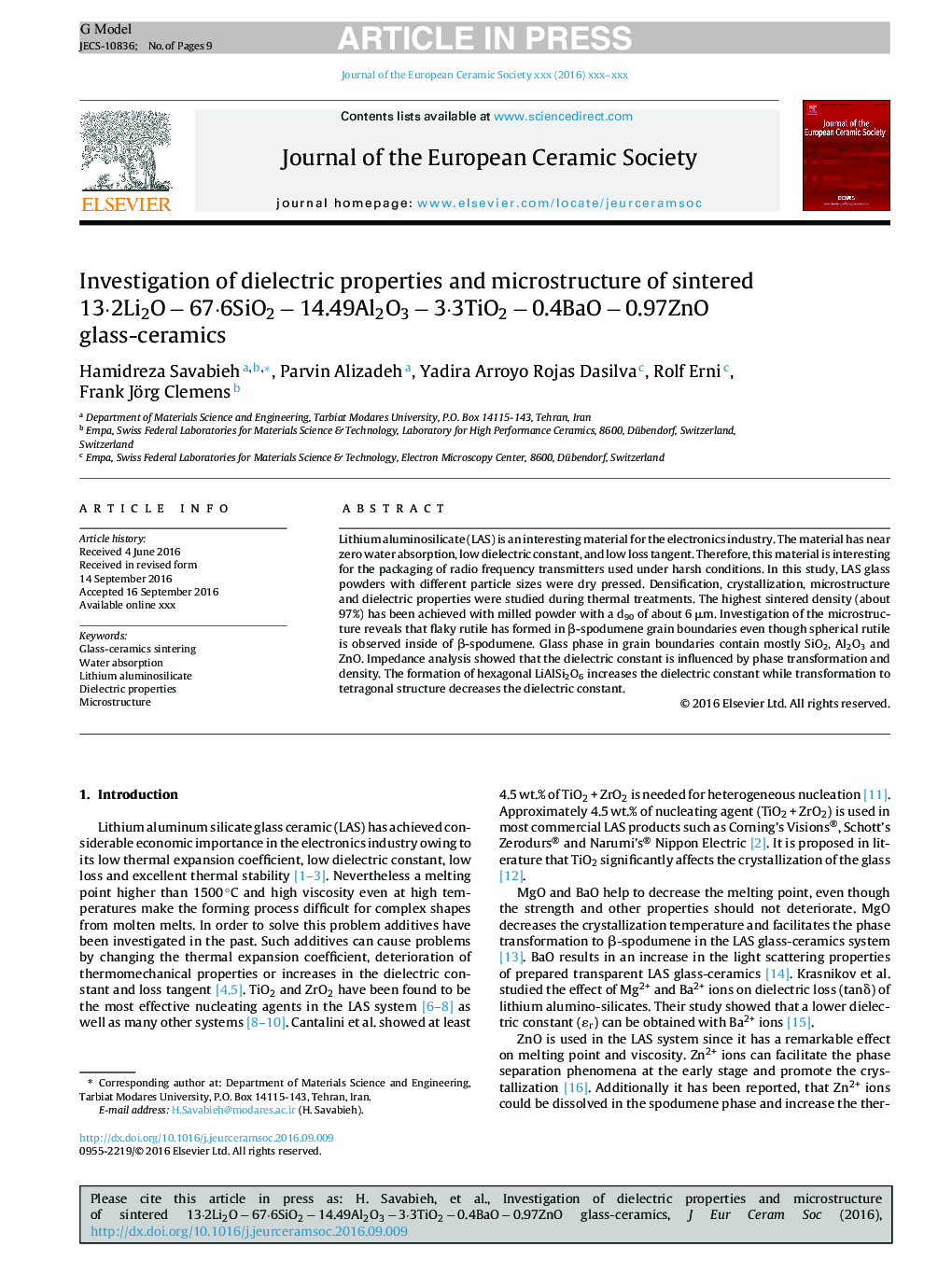 Investigation of dielectric properties and microstructure of sintered 13Â·2Li2OÂ âÂ 67Â·6SiO2Â âÂ 14.49Al2O3Â âÂ 3Â·3TiO2Â âÂ 0.4BaOÂ âÂ 0.97ZnO glass-ceramics