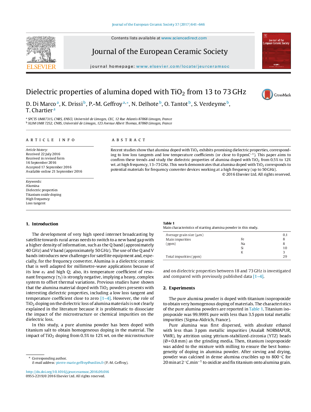 Dielectric properties of alumina doped with TiO2 from 13 to 73Â GHz