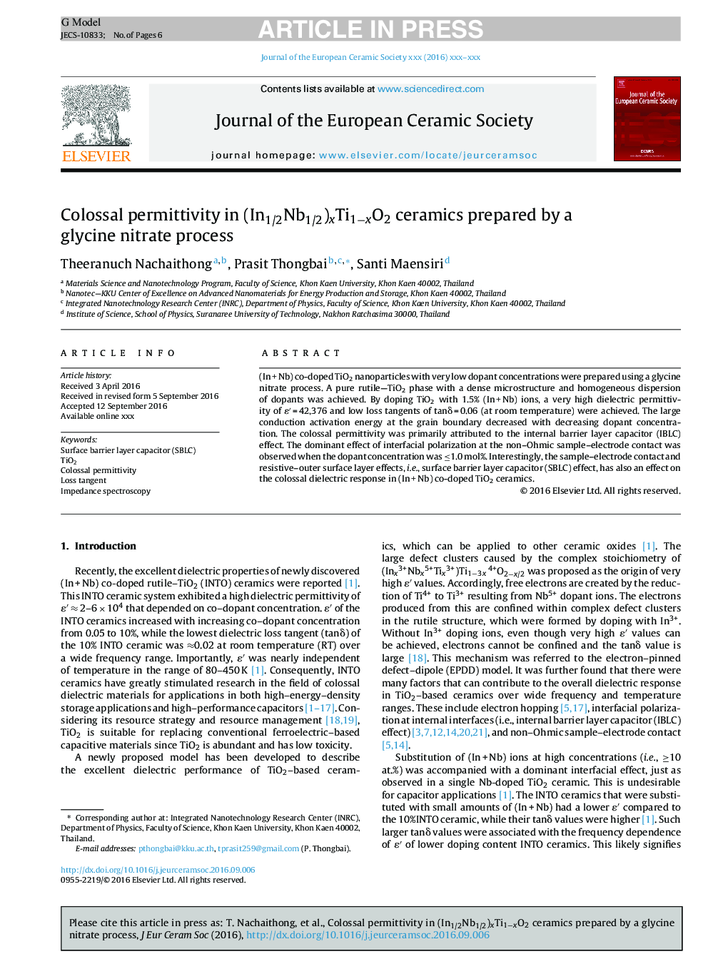 Colossal permittivity in (In1/2Nb1/2)xTi1âxO2 ceramics prepared by a glycine nitrate process