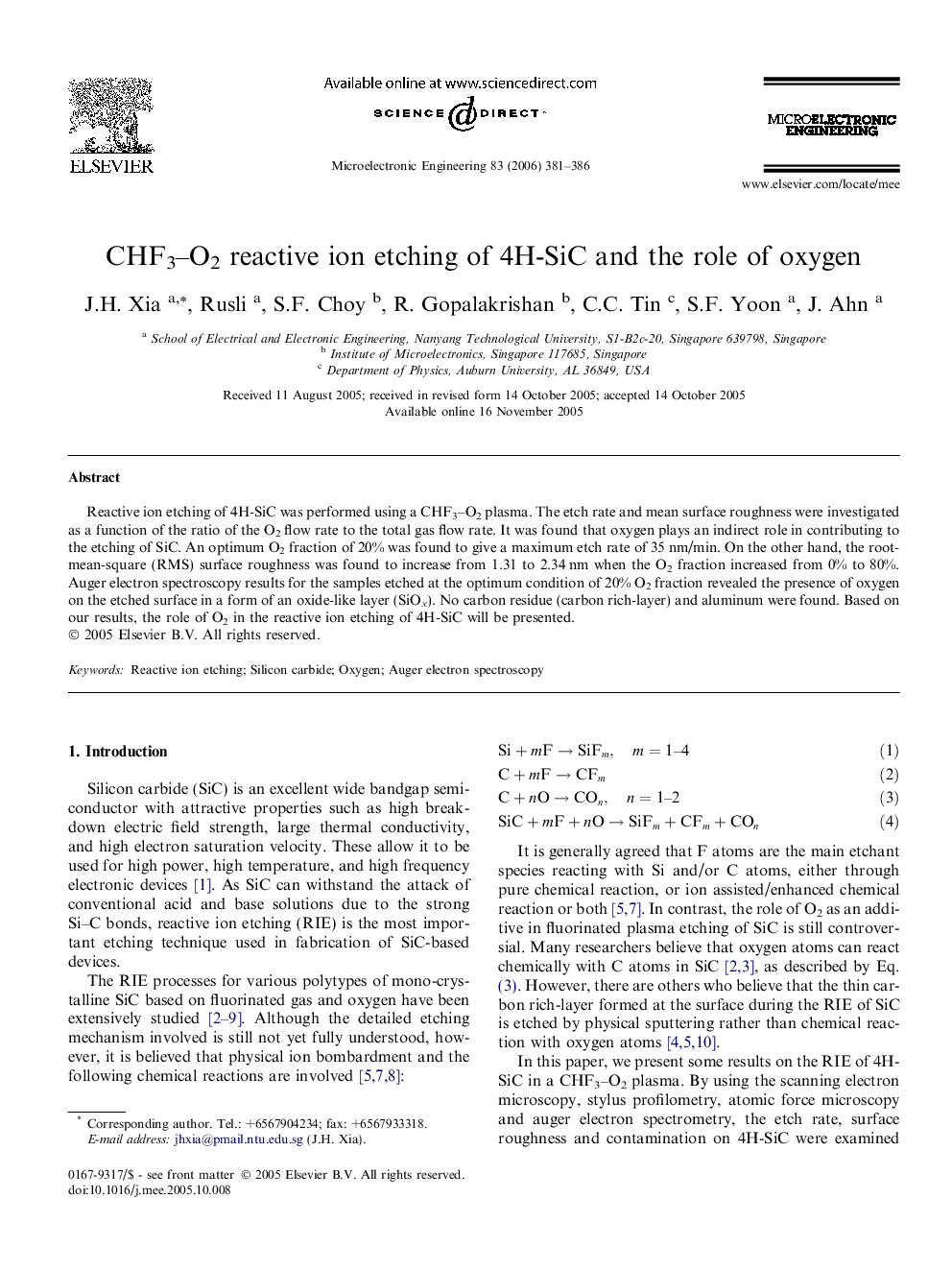 CHF3–O2 reactive ion etching of 4H-SiC and the role of oxygen