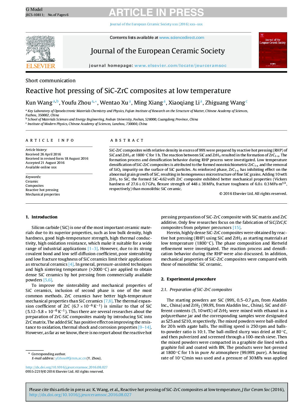 Reactive hot pressing of SiC-ZrC composites at low temperature