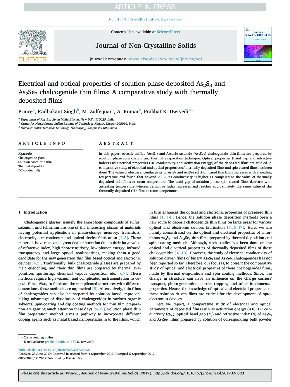 Electrical and optical properties of solution phase deposited As2S3 and As2Se3 chalcogenide thin films: A comparative study with thermally deposited films