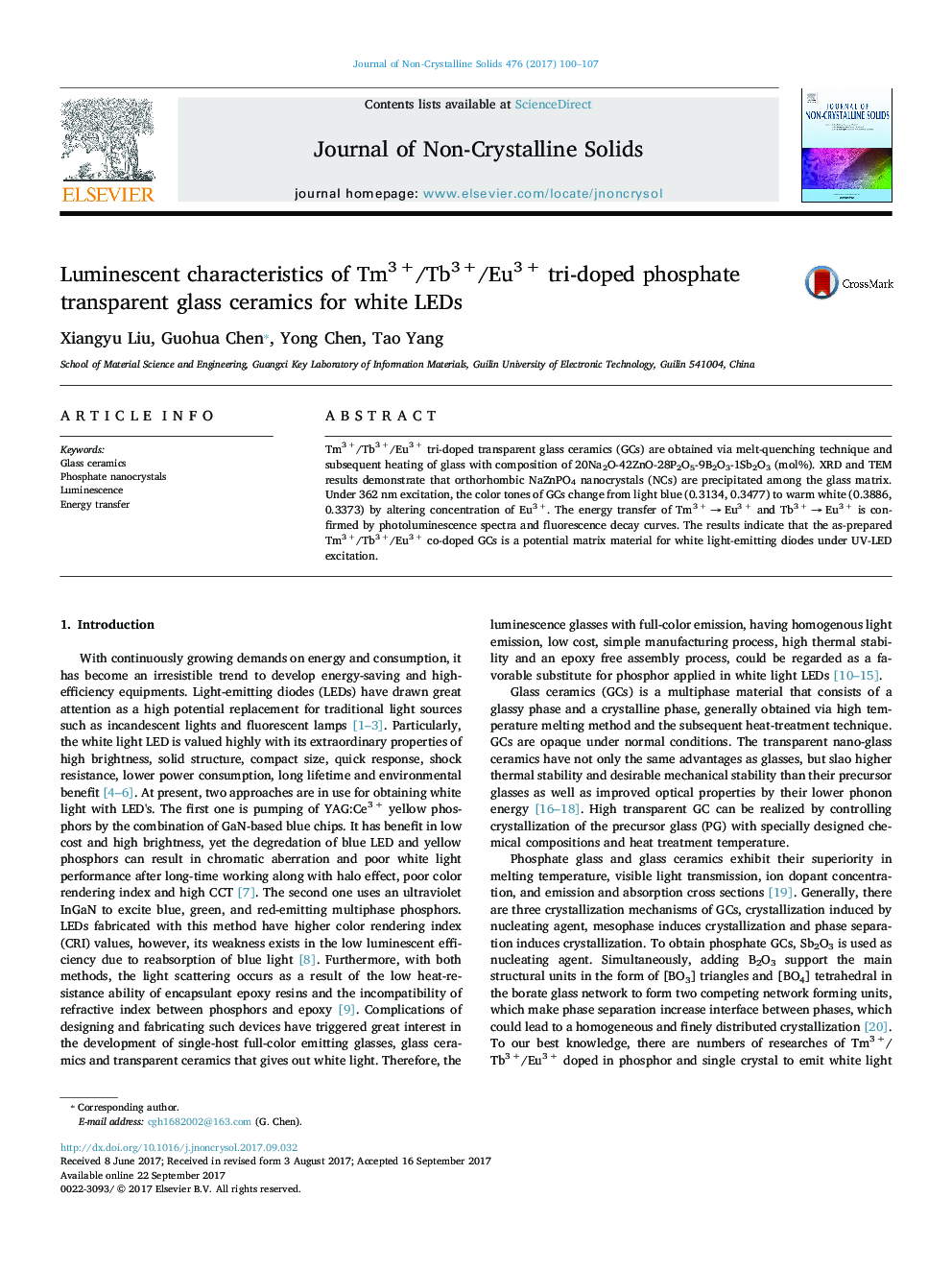 Luminescent characteristics of Tm3Â +/Tb3Â +/Eu3Â + tri-doped phosphate transparent glass ceramics for white LEDs