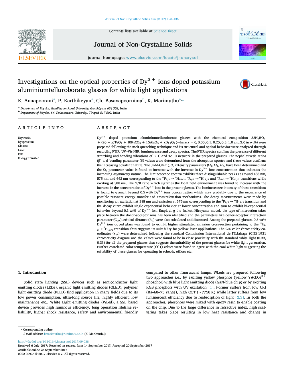 Investigations on the optical properties of Dy3Â + ions doped potassium aluminiumtelluroborate glasses for white light applications