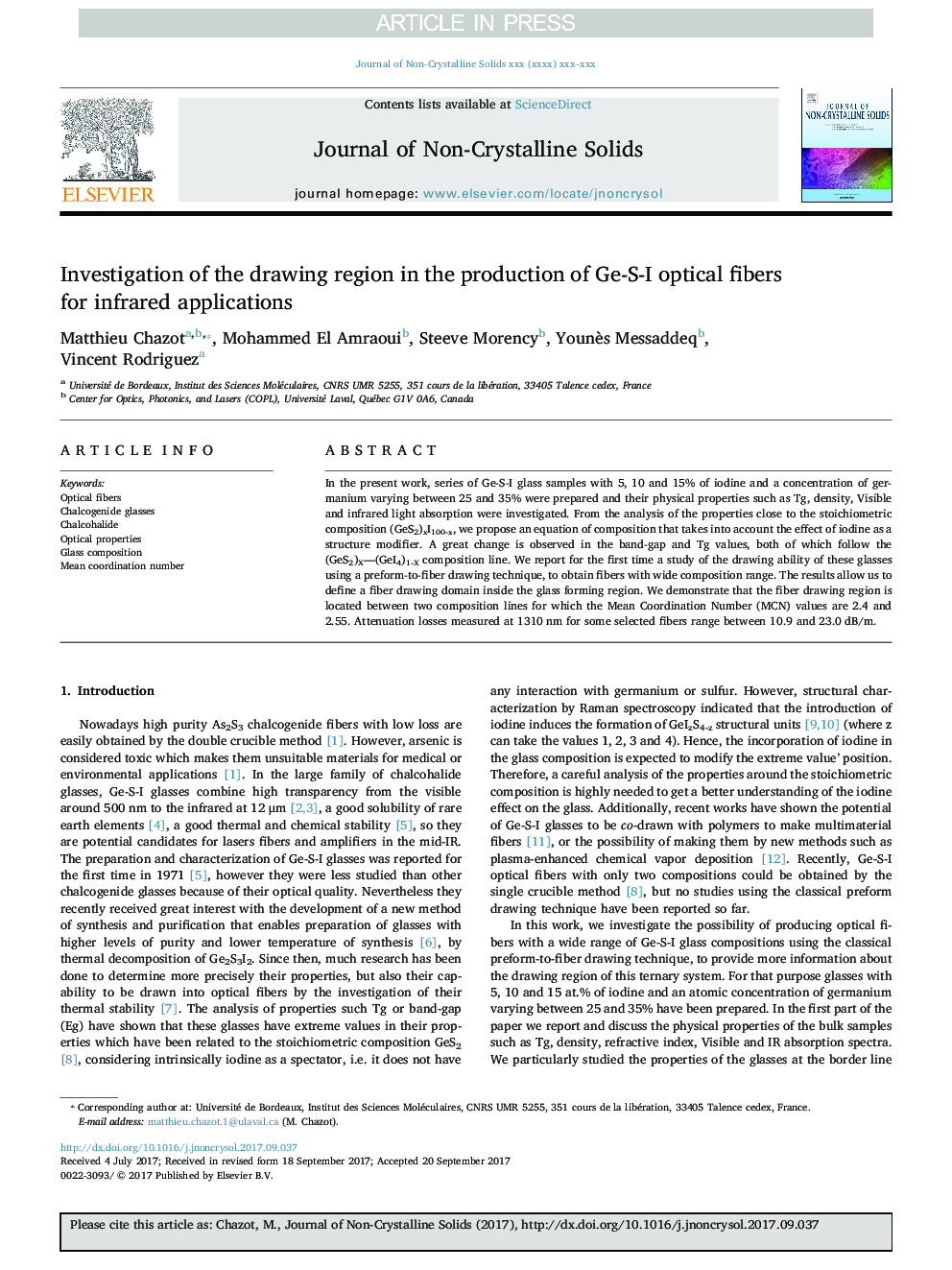 Investigation of the drawing region in the production of Ge-S-I optical fibers for infrared applications