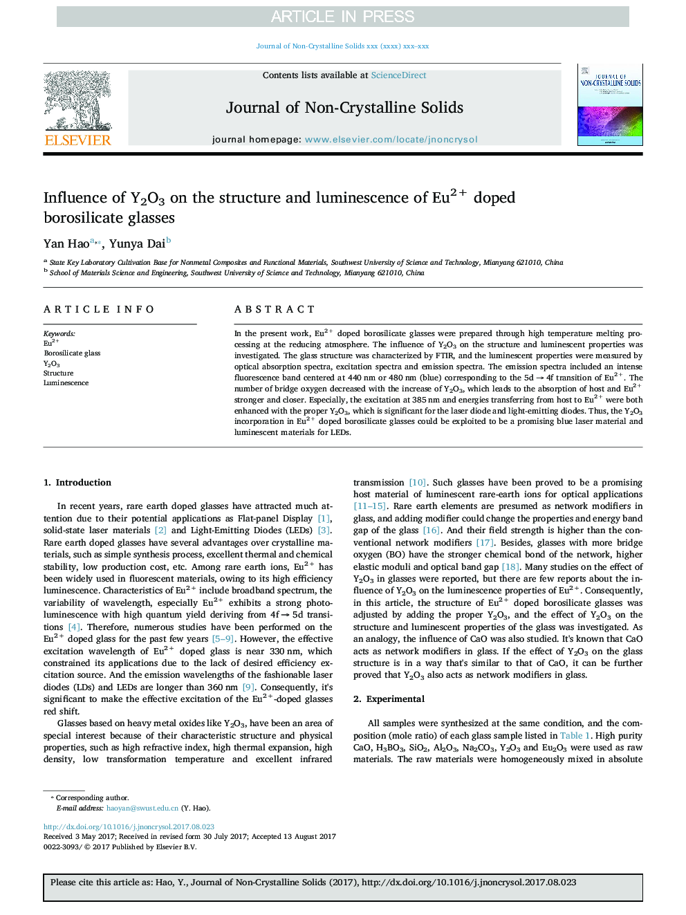 Influence of Y2O3 on the structure and luminescence of Eu2+ doped borosilicate glasses