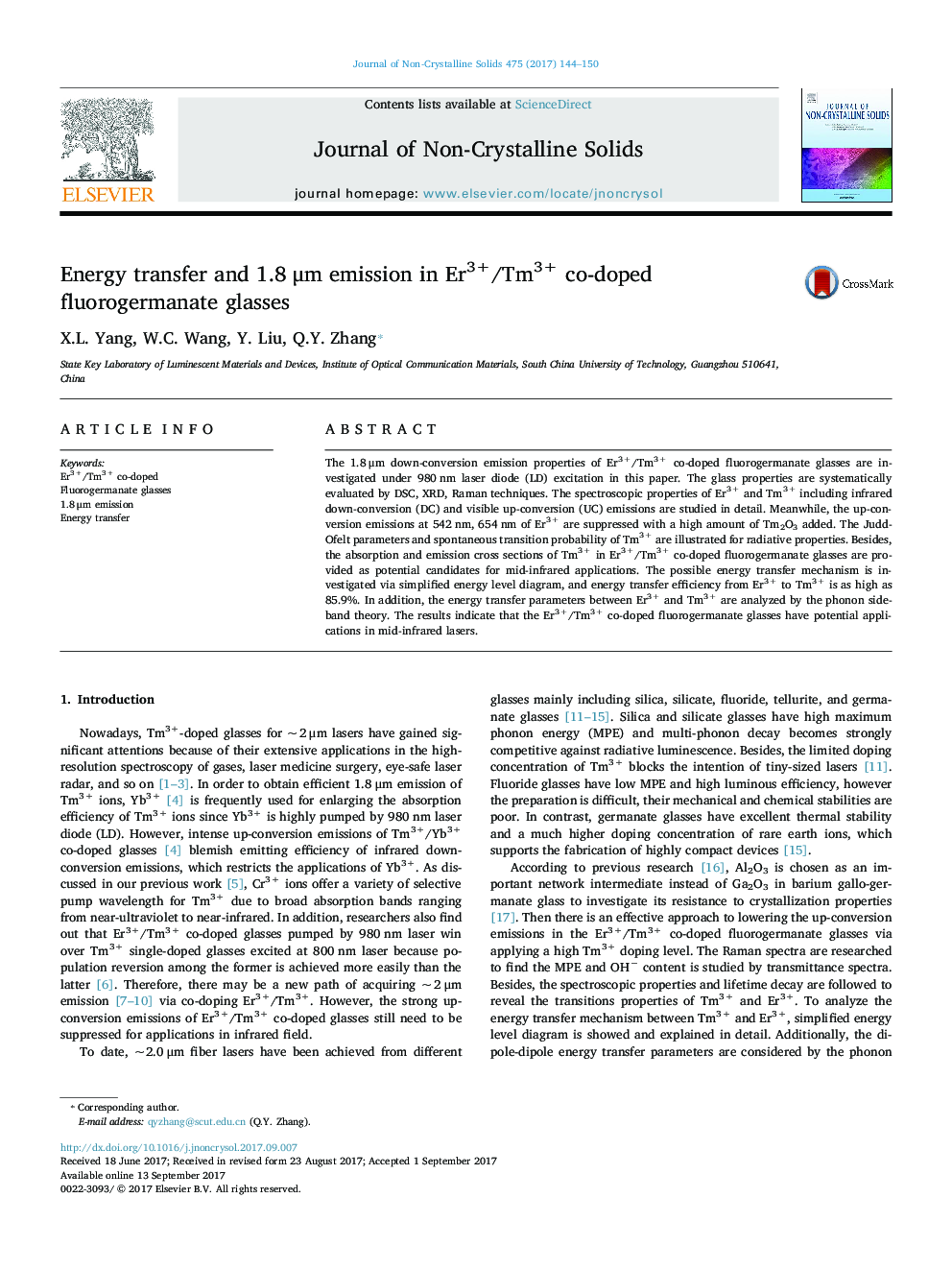 Energy transfer and 1.8Â Î¼m emission in Er3+/Tm3+ co-doped fluorogermanate glasses