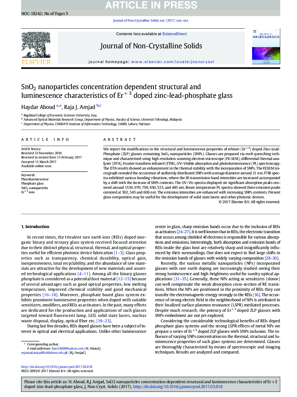 SnO2 nanoparticles concentration dependent structural and luminescence characteristics of Er+Â 3 doped zinc-lead-phosphate glass