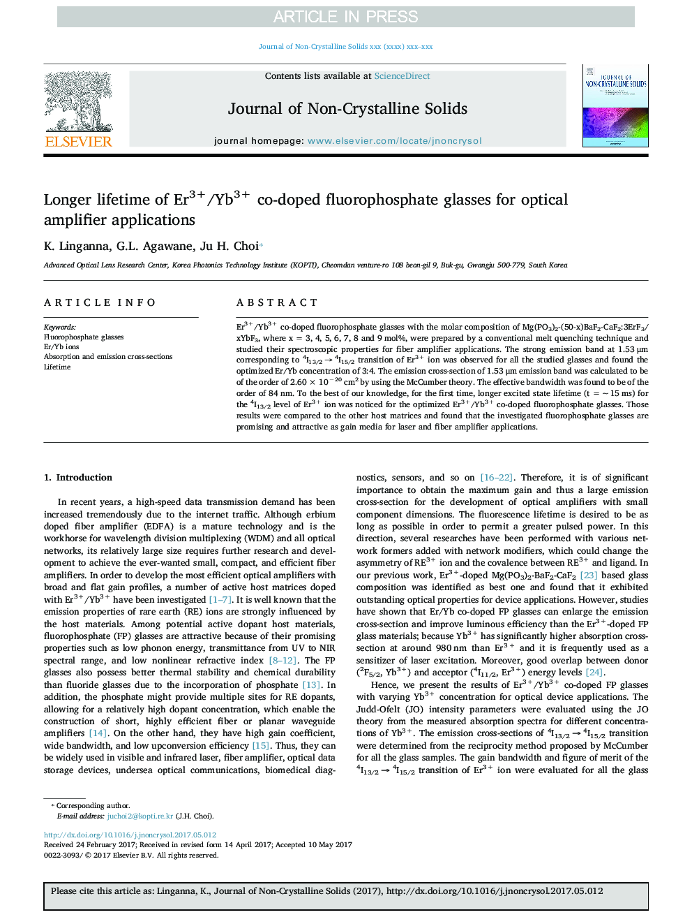 Longer lifetime of Er3+/Yb3+ co-doped fluorophosphate glasses for optical amplifier applications