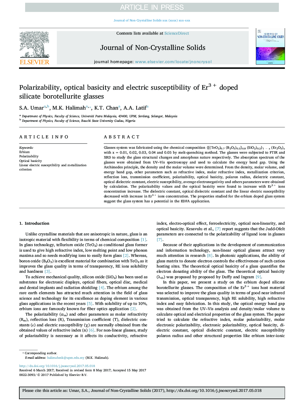 Polarizability, optical basicity and electric susceptibility of Er3Â + doped silicate borotellurite glasses
