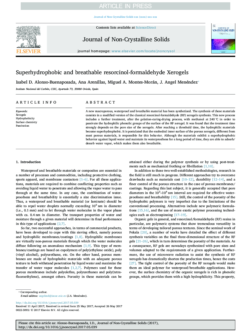 Superhydrophobic and breathable resorcinol-formaldehyde Xerogels