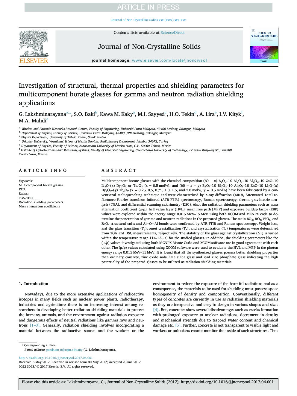 Investigation of structural, thermal properties and shielding parameters for multicomponent borate glasses for gamma and neutron radiation shielding applications