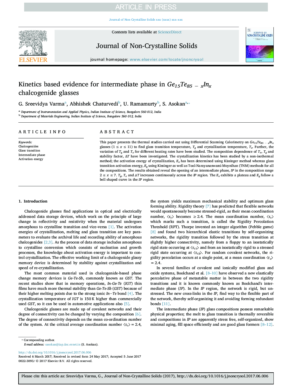 Kinetics based evidence for intermediate phase in Ge15Te85Â âÂ xInx chalcogenide glasses