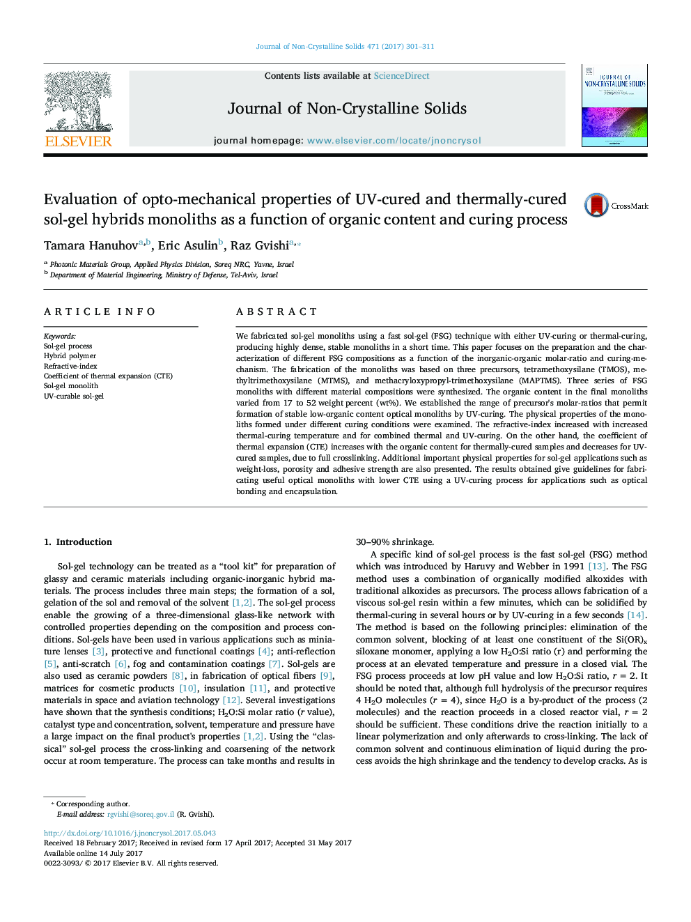 Evaluation of opto-mechanical properties of UV-cured and thermally-cured sol-gel hybrids monoliths as a function of organic content and curing process