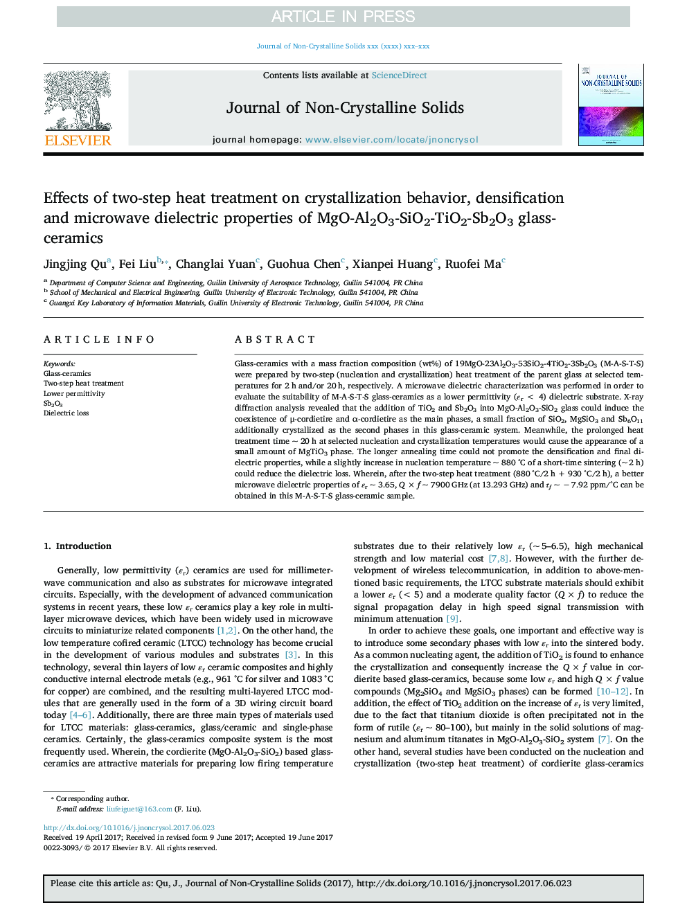 Effects of two-step heat treatment on crystallization behavior, densification and microwave dielectric properties of MgO-Al2O3-SiO2-TiO2-Sb2O3 glass-ceramics