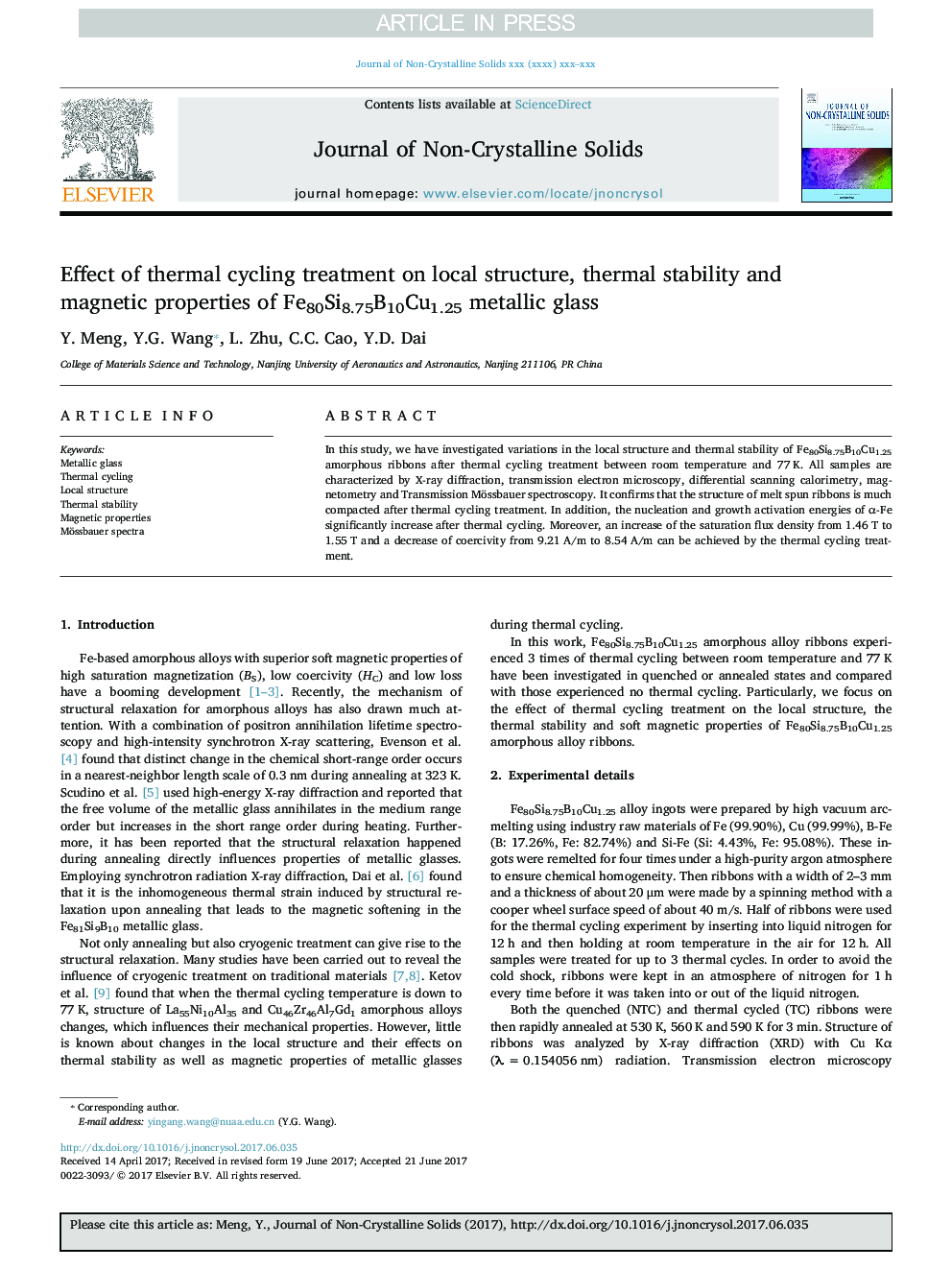 Effect of thermal cycling treatment on local structure, thermal stability and magnetic properties of Fe80Si8.75B10Cu1.25 metallic glass