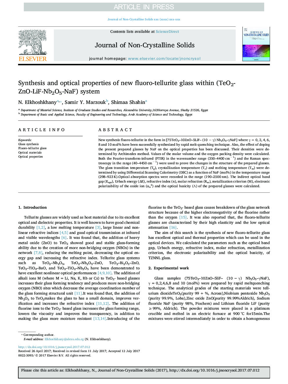 Synthesis and optical properties of new fluoro-tellurite glass within (TeO2-ZnO-LiF-Nb2O5-NaF) system