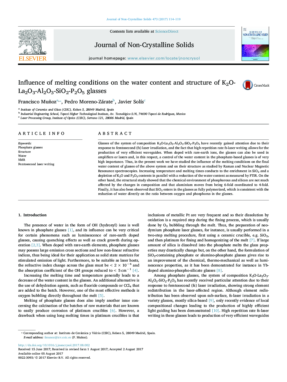 Influence of melting conditions on the water content and structure of K2O-La2O3-Al2O3-SiO2-P2O5 glasses